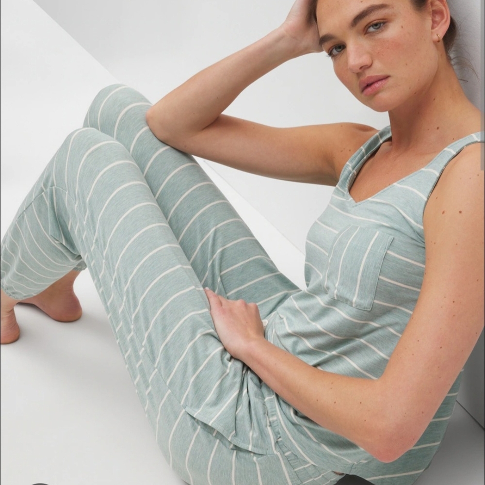 Striped Sleepwear 3 Piece Set in Green and White